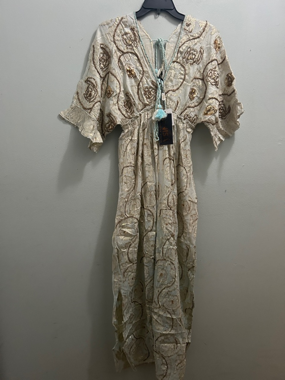 Spell Cream Maxi Dress with Blue Tassel Tie - Picture 2 of 6